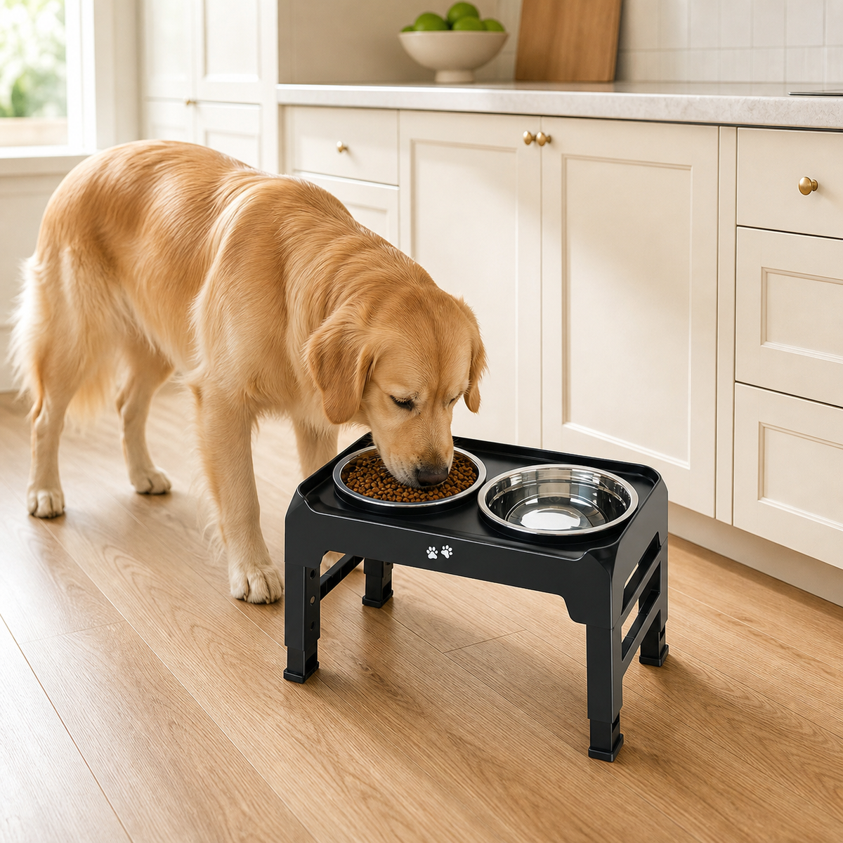 4-Height Elevated Dog Bowl Stand with 2 Steel Bowls in a realistic use setting