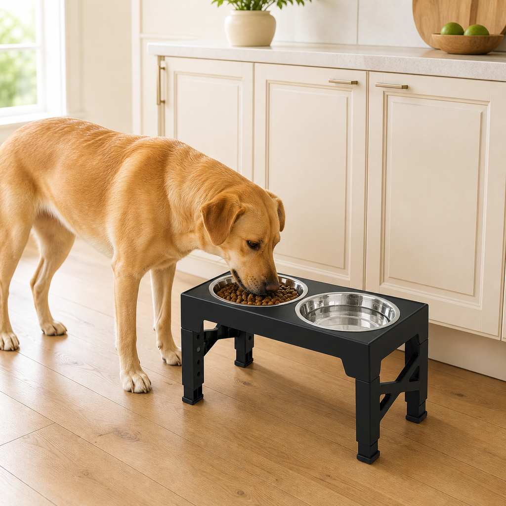 5-Height Elevated Dog Bowl Stand with 2 Steel Bowls in a realistic use setting