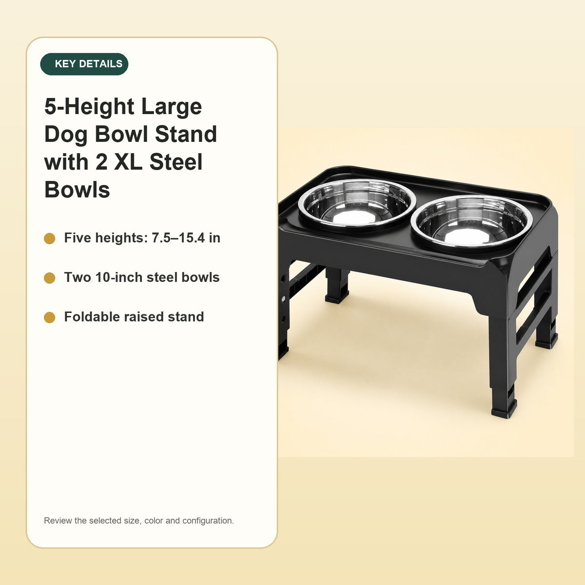 5-Height Large Dog Bowl Stand with 2 XL Steel Bowls – key details