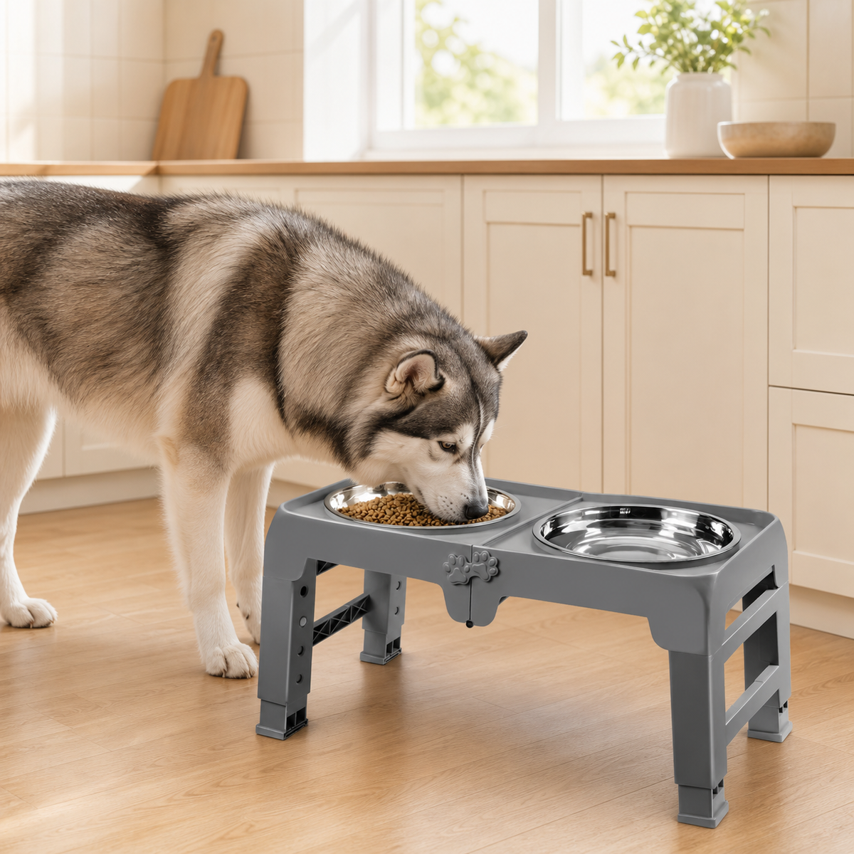 5-Height Large Dog Bowl Stand with 2 XL Steel Bowls in a realistic use setting