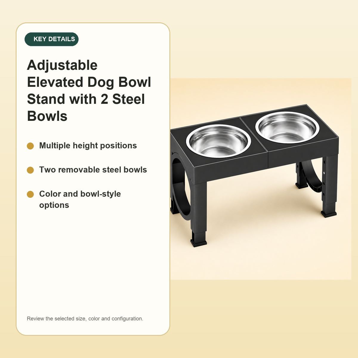 Adjustable Elevated Dog Bowl Stand with 2 Steel Bowls – key details