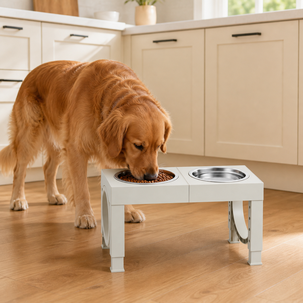 Adjustable Elevated Dog Feeder with 2 Steel Bowls in a realistic use setting