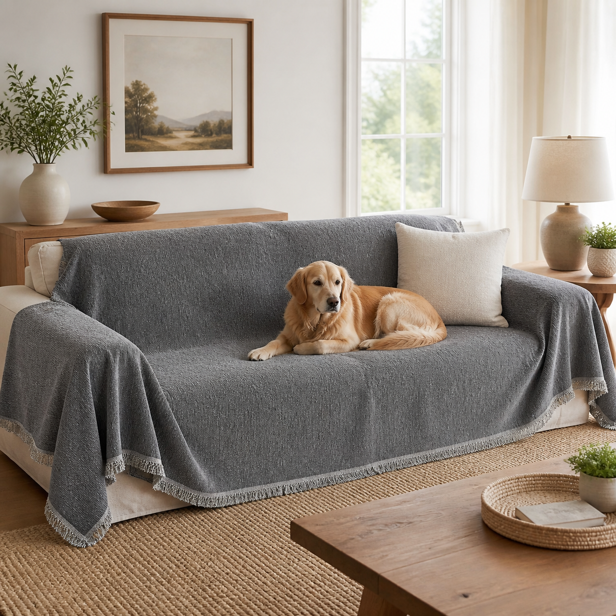 Chenille Pet Couch Cover with Tassel Edges in a home setting