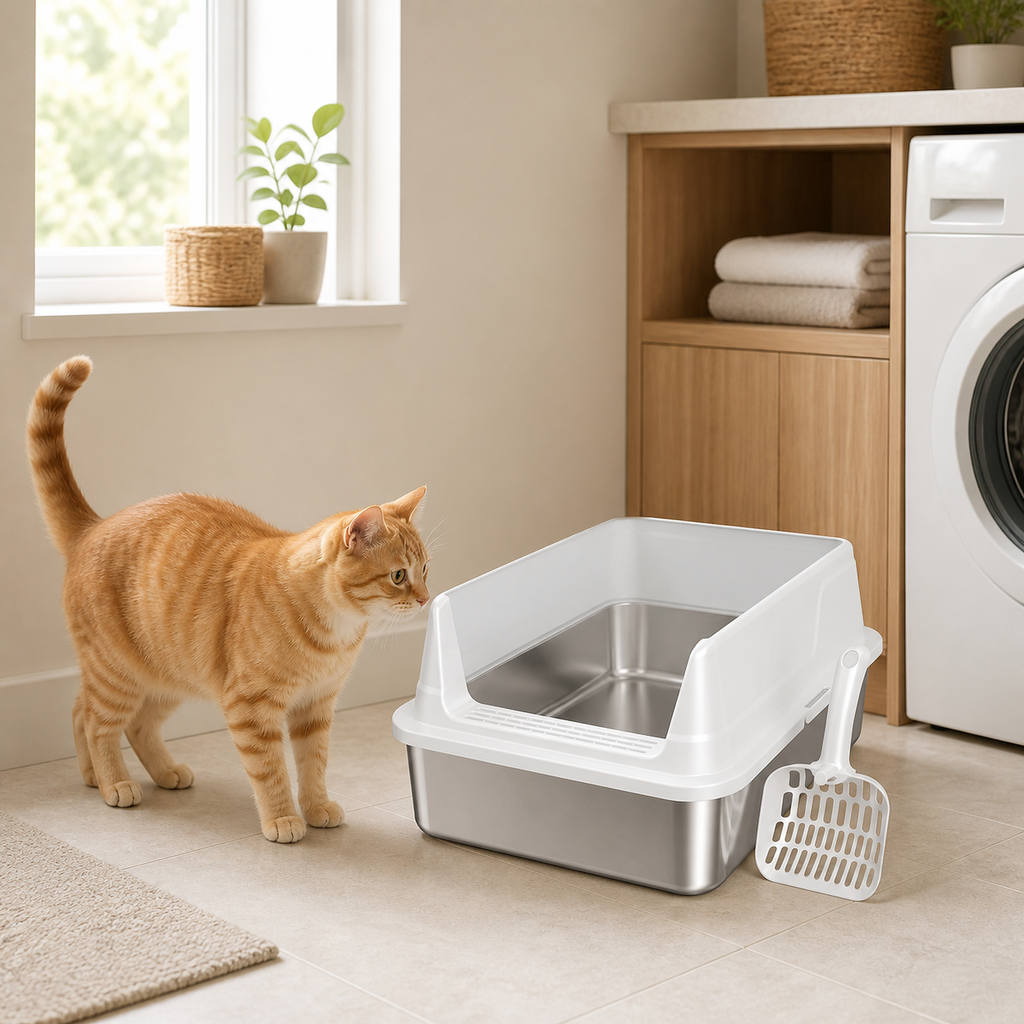 Compact Stainless Steel Cat Litter Box with Scoop in a realistic use setting