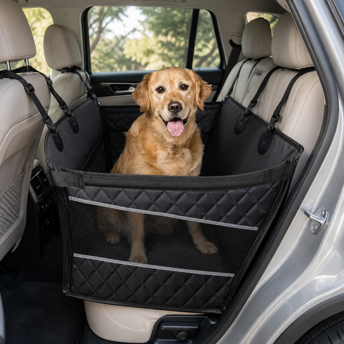Dog Car Seat Hammock with Mesh Window in a realistic use setting
