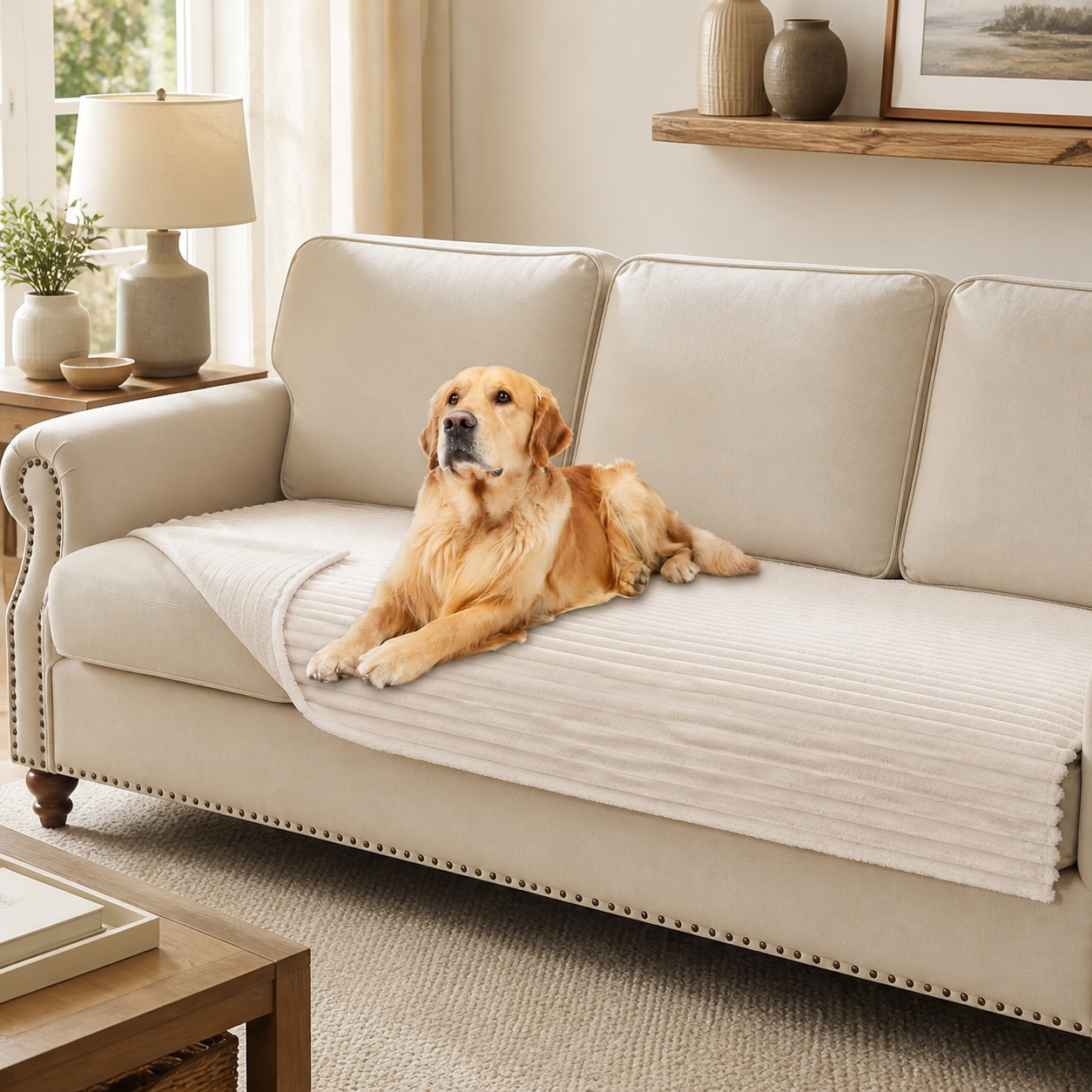 Faux Fur Pet Couch Cover with Non-Slip Back in a realistic use setting