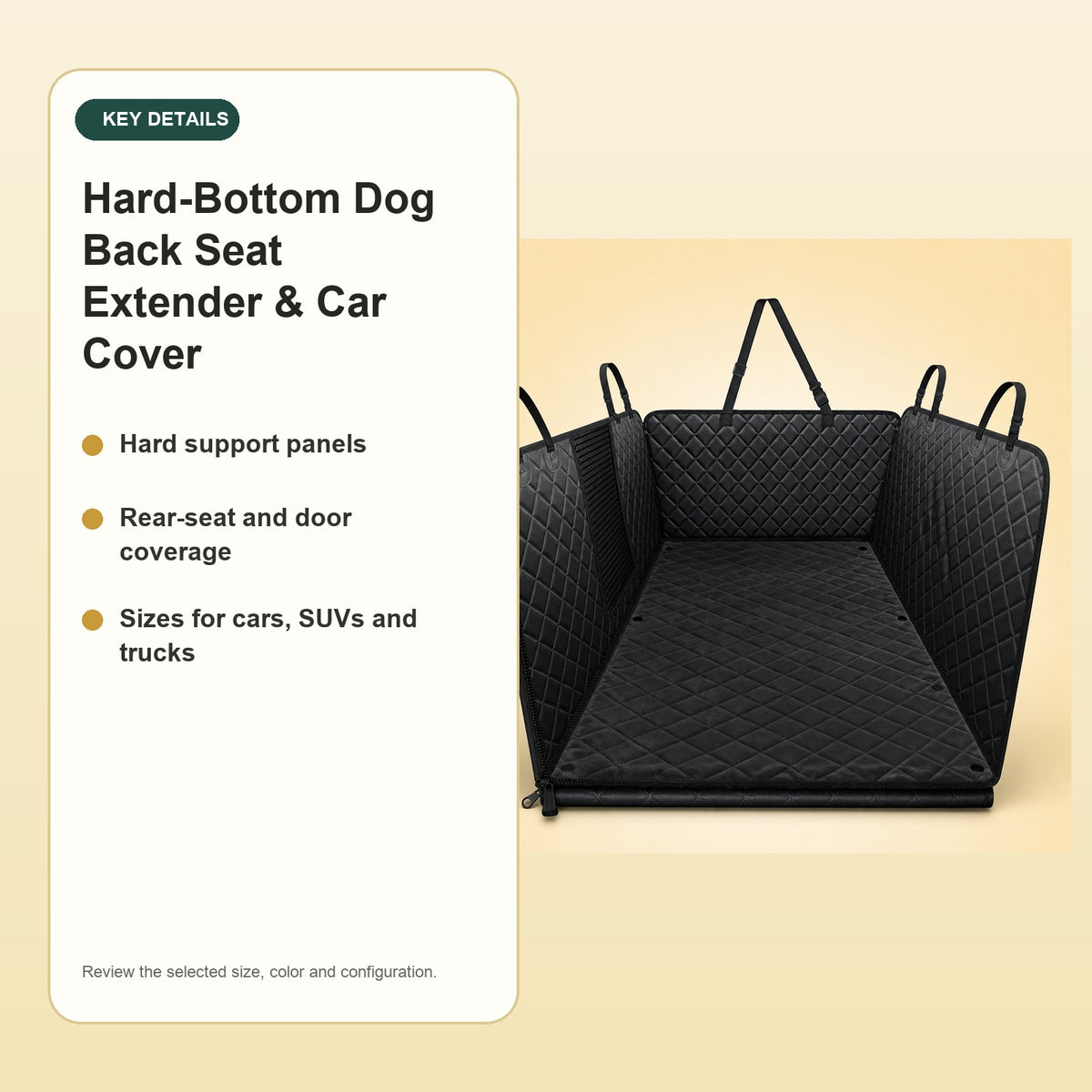 Hard-Bottom Dog Back Seat Extender & Car Cover – key details