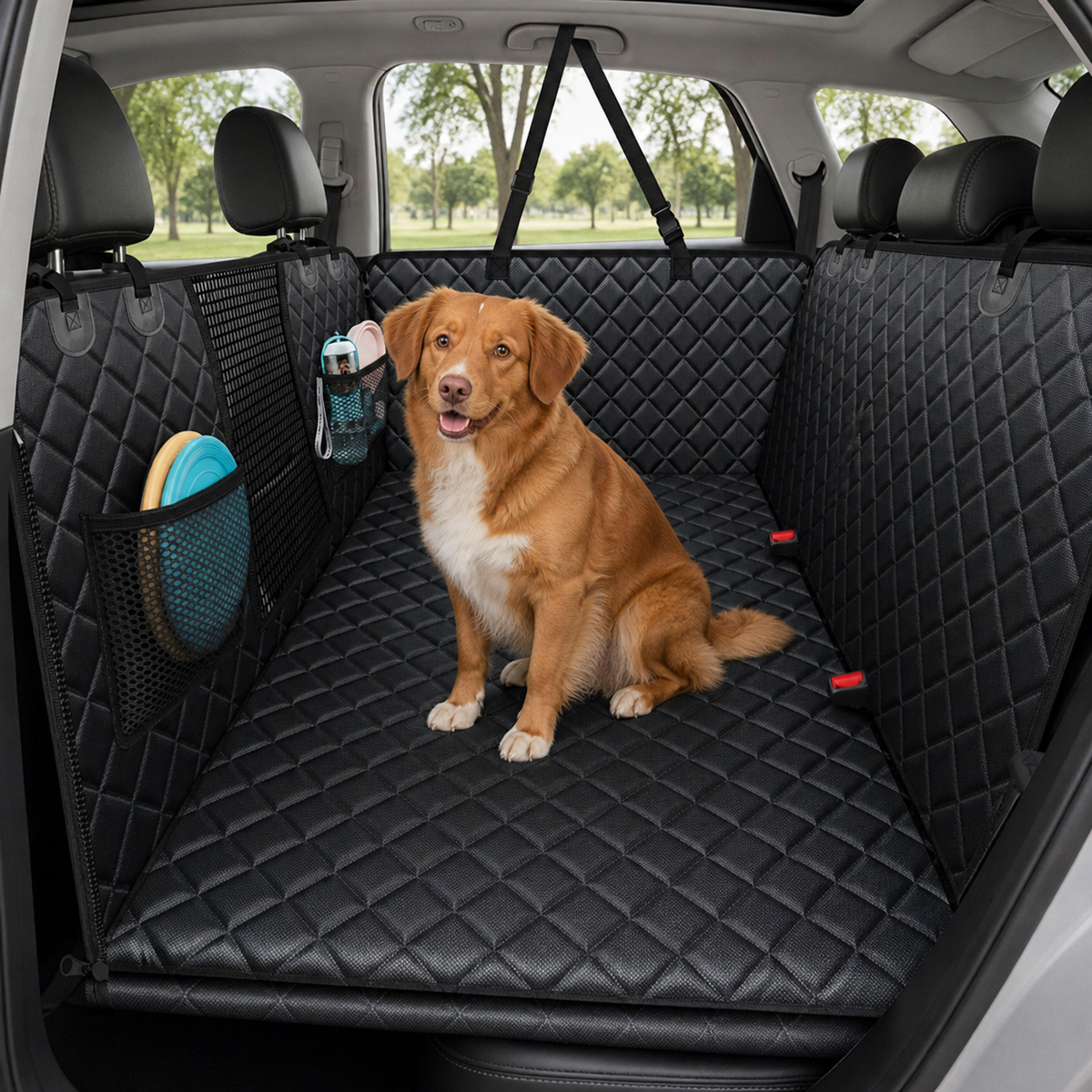 Hard-Bottom Dog Back Seat Extender & Car Cover in a realistic use setting