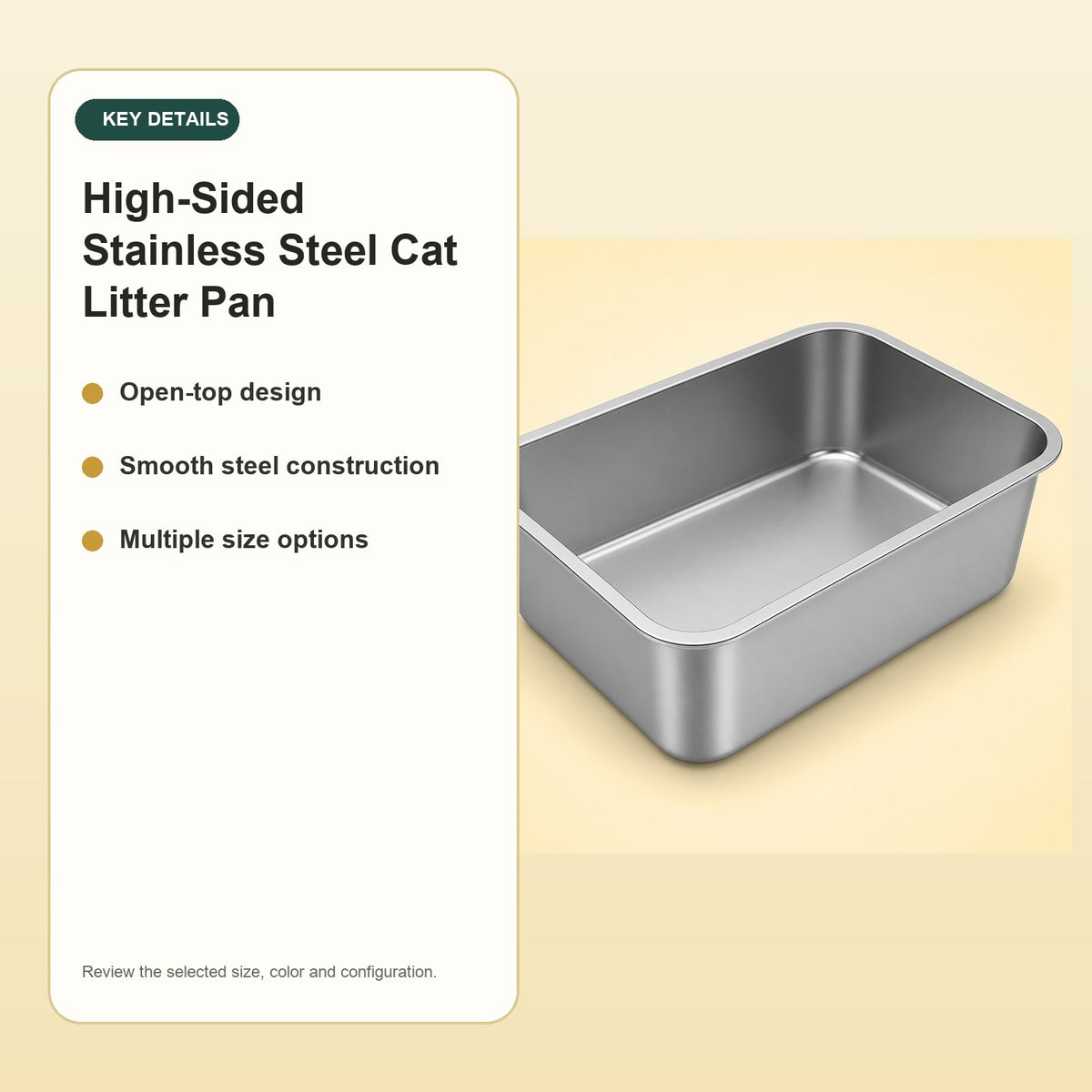 High-Sided Stainless Steel Cat Litter Pan – key details