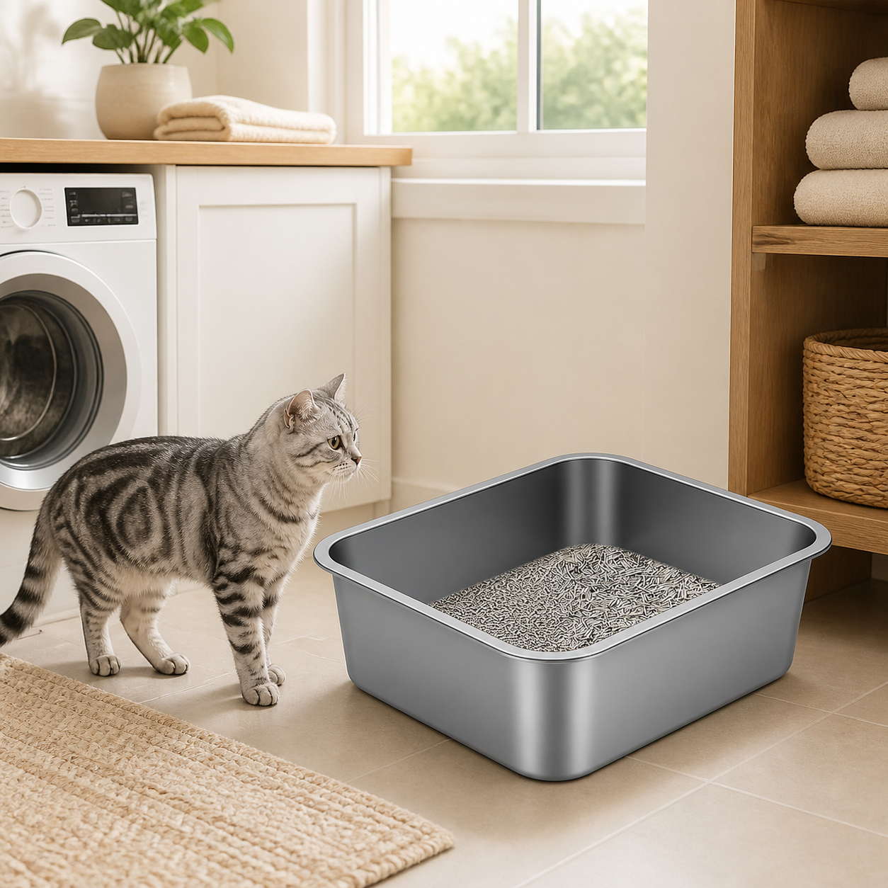 High-Sided Stainless Steel Cat Litter Pan in a realistic use setting