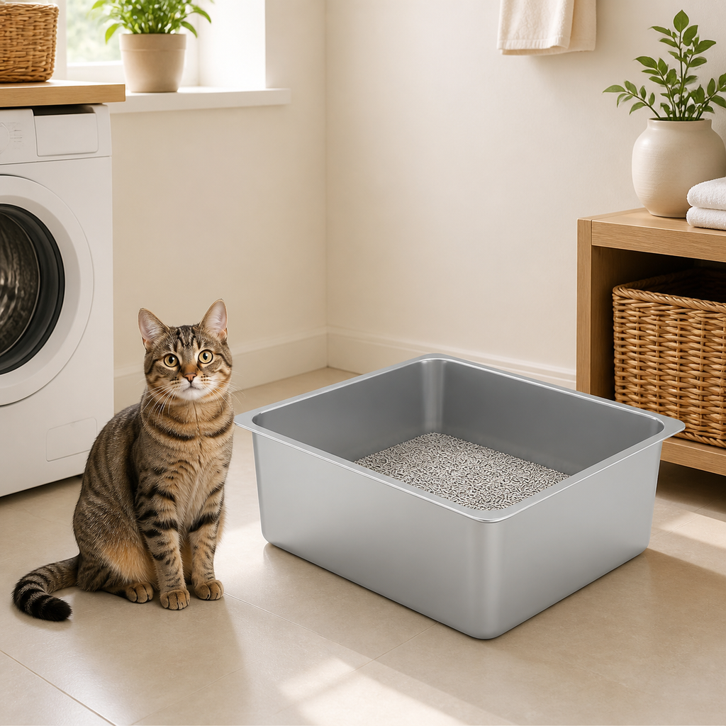 Large High-Sided Stainless Steel Cat Litter Pan in a realistic use setting