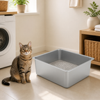 Large High-Sided Stainless Steel Cat Litter Pan in a realistic use setting