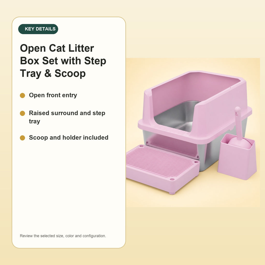 Open Cat Litter Box Set with Step Tray & Scoop – key details