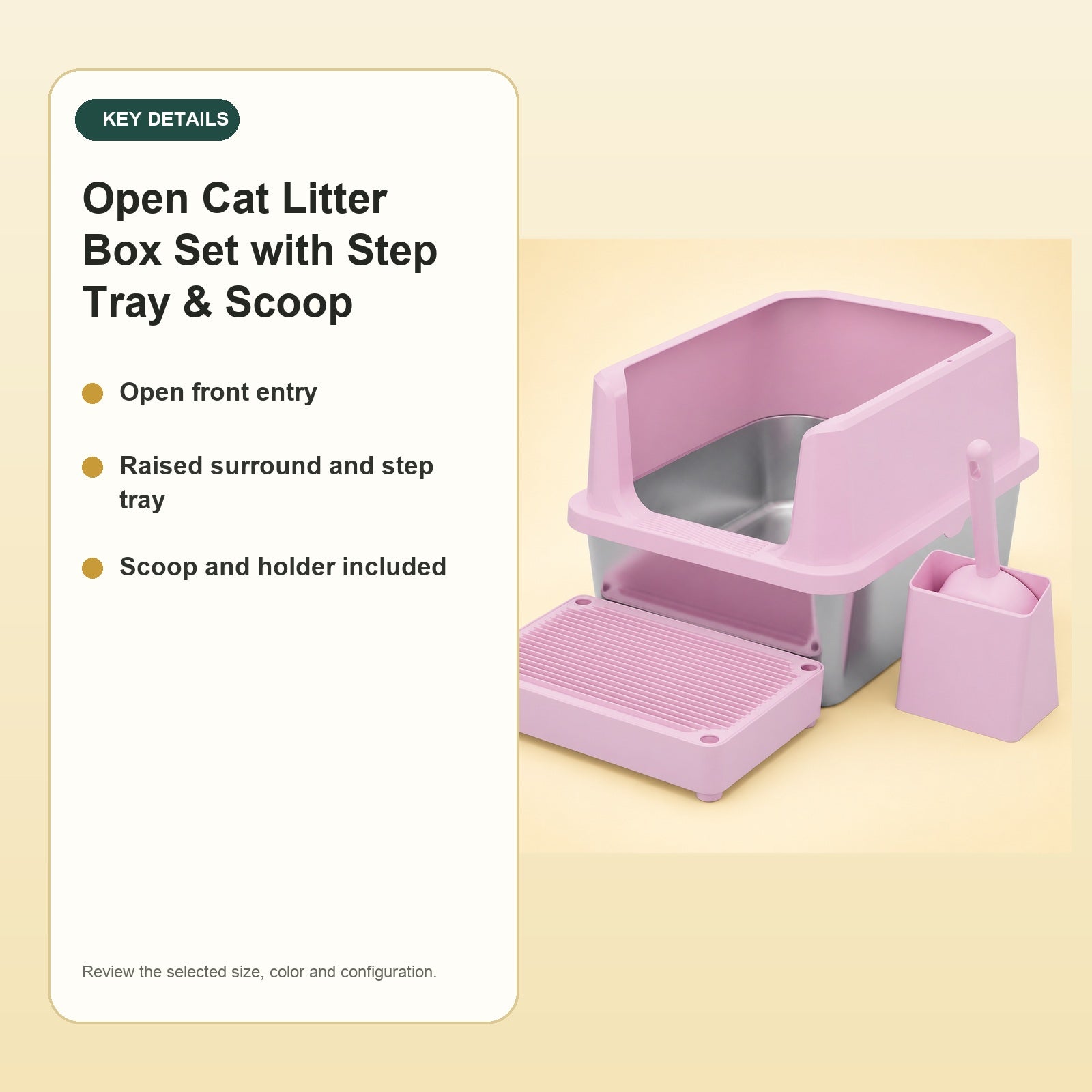 Open Cat Litter Box Set with Step Tray & Scoop – key details
