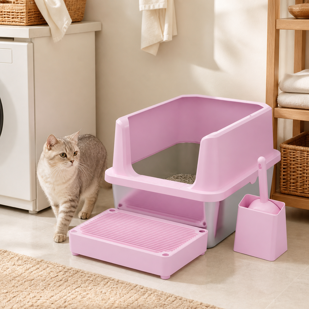 Open Cat Litter Box Set with Step Tray & Scoop in a realistic use setting