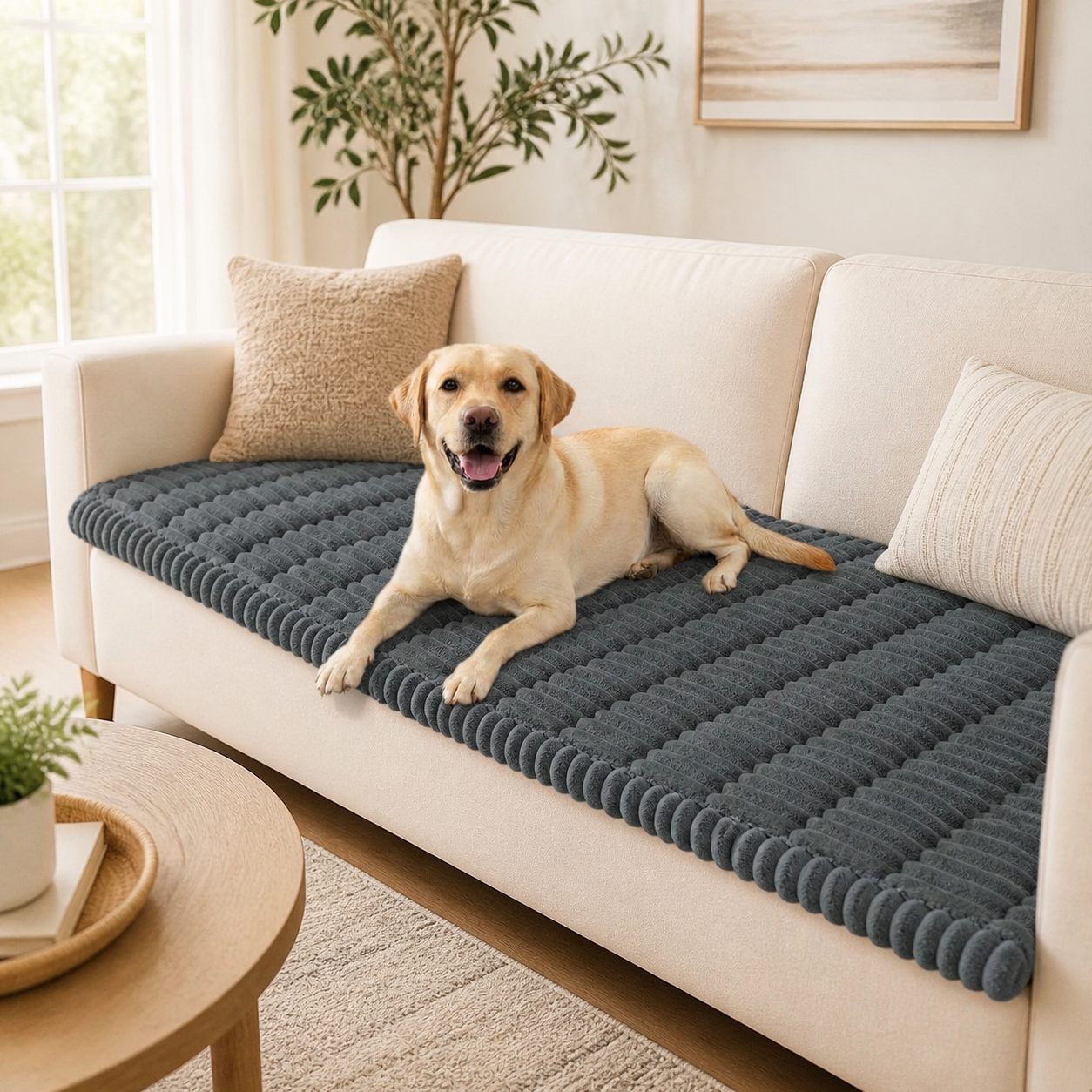 Plush Ribbed Pet Couch Cover in a realistic use setting