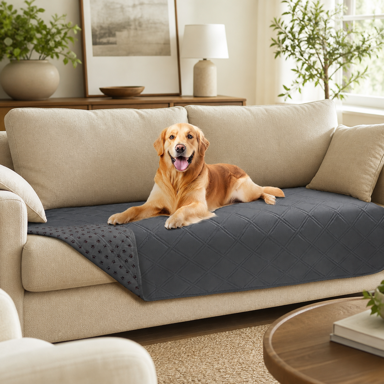 Quilted Pet Couch Protector with Non-Slip Back in a realistic use setting