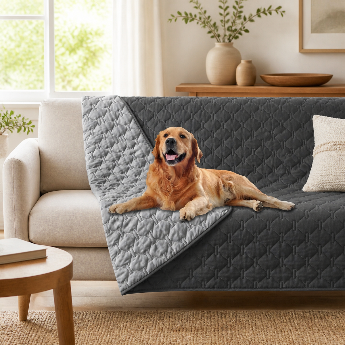 Reversible Quilted Pet Blanket for Beds & Sofas in a home setting