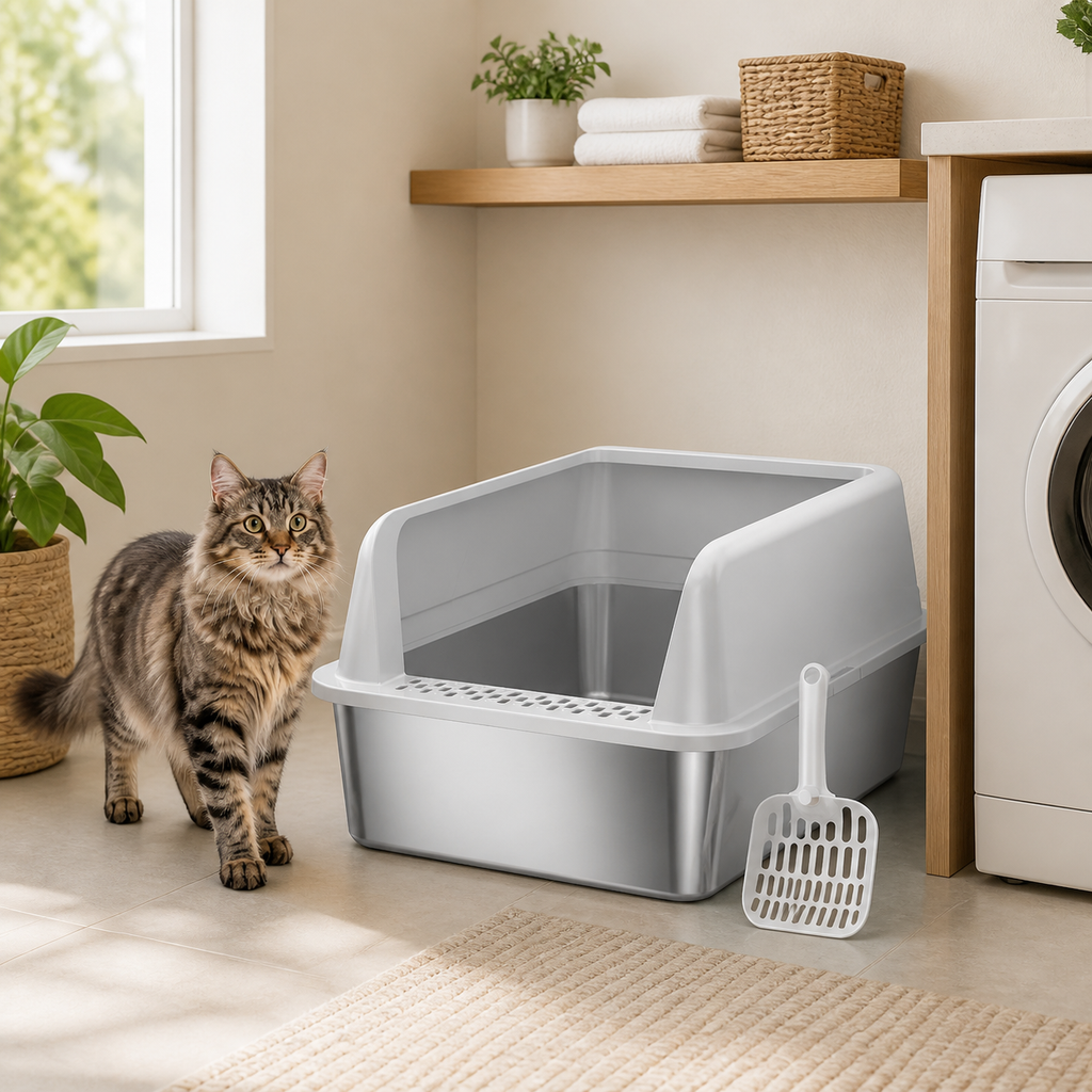 XL Stainless Steel Cat Litter Box with High Sides in a realistic use setting
