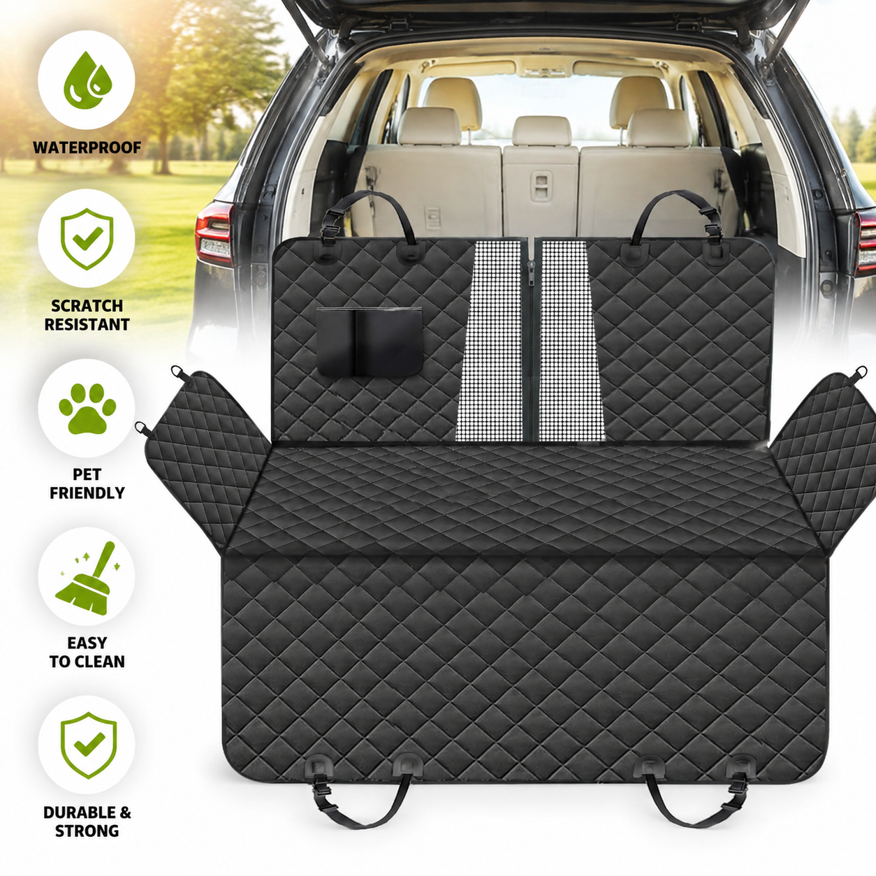 600D Dog Car Seat Cover with Non-Slip Backing and Seat Belt Openings