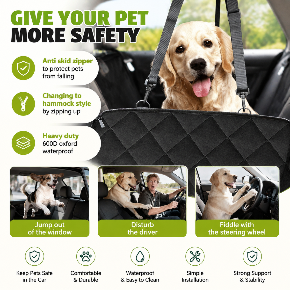 600D Dog Car Seat Cover with Non-Slip Backing and Seat Belt Openings