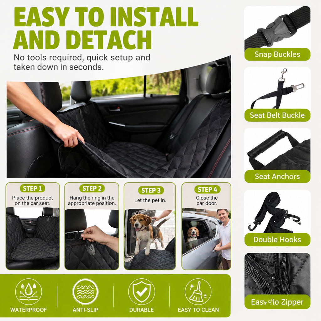 600D Dog Car Seat Cover with Non-Slip Backing and Seat Belt Openings