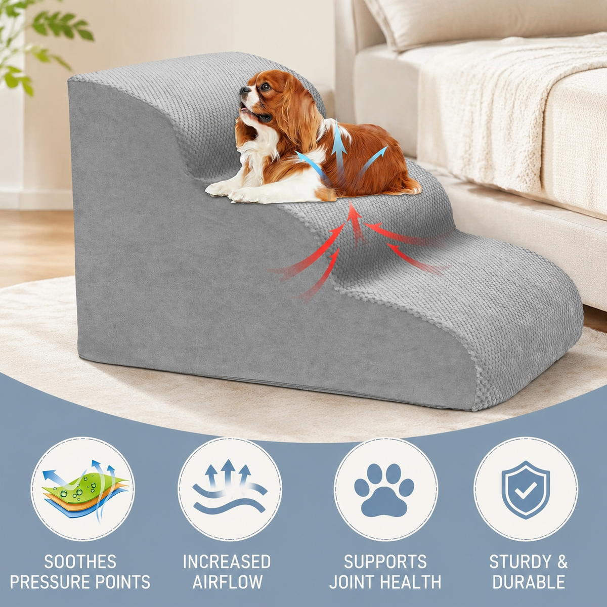 3-Step Dog Stairs for Small Dogs – Soft Foam Pet Steps for Bed & Couch