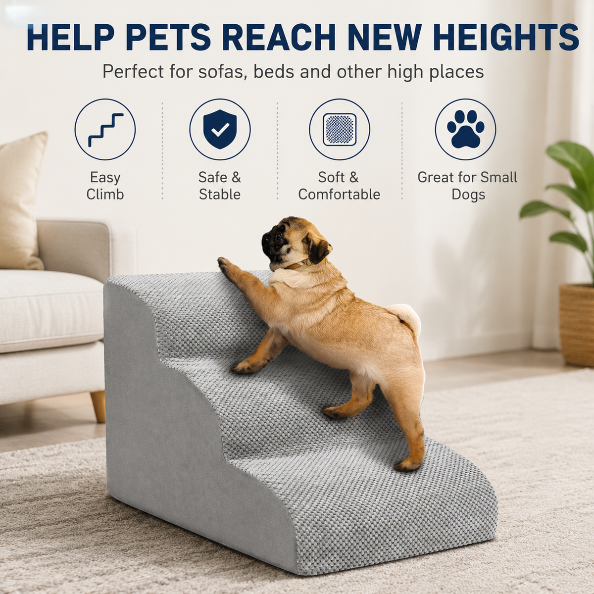 3-Step Dog Stairs for Small Dogs – Soft Foam Pet Steps for Bed & Couch