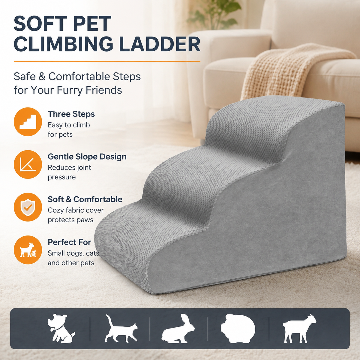 3-Step Dog Stairs for Small Dogs – Soft Foam Pet Steps for Bed & Couch