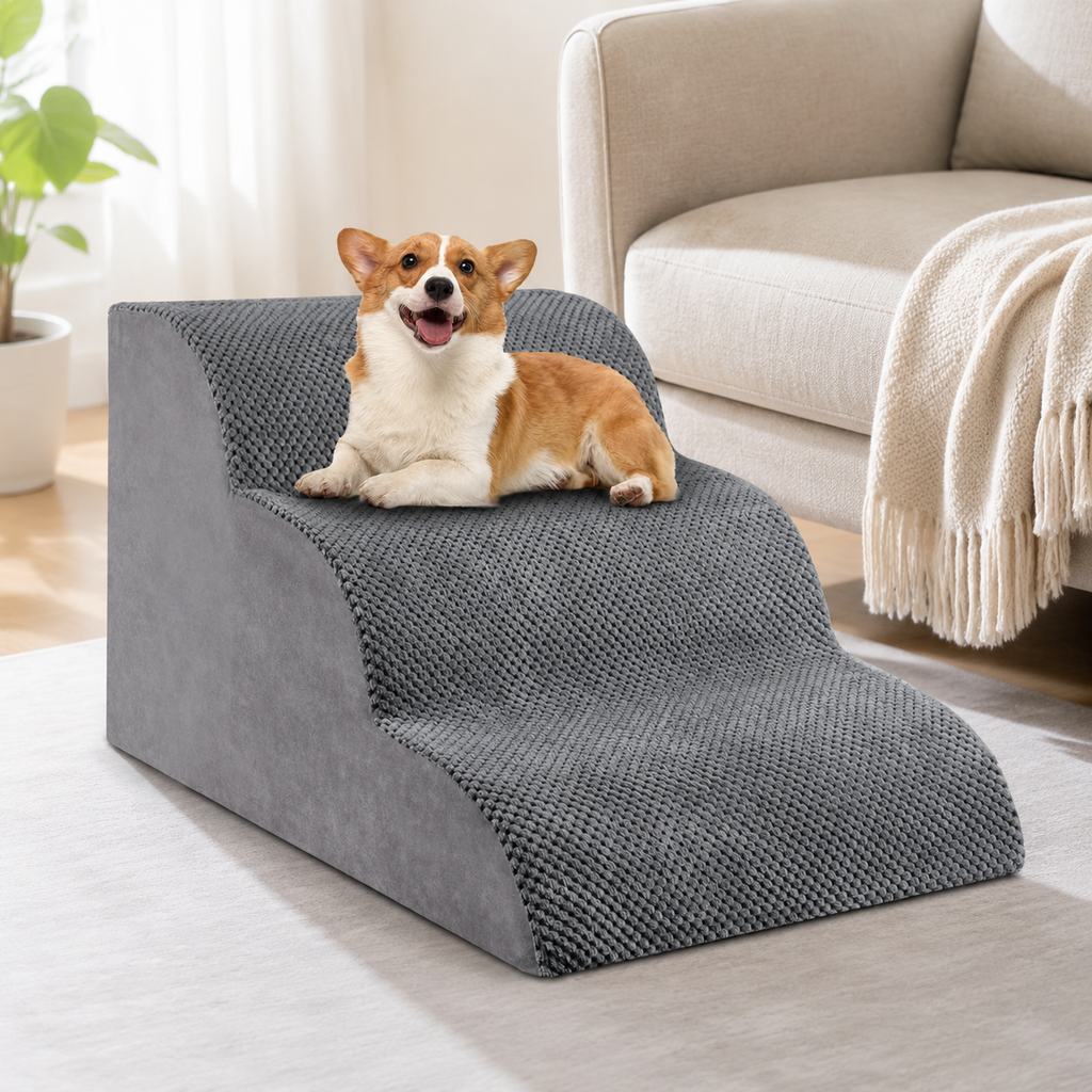 3-Step Dog Stairs for Small Dogs – 15.7" Foam Pet Steps for Bed & Couch