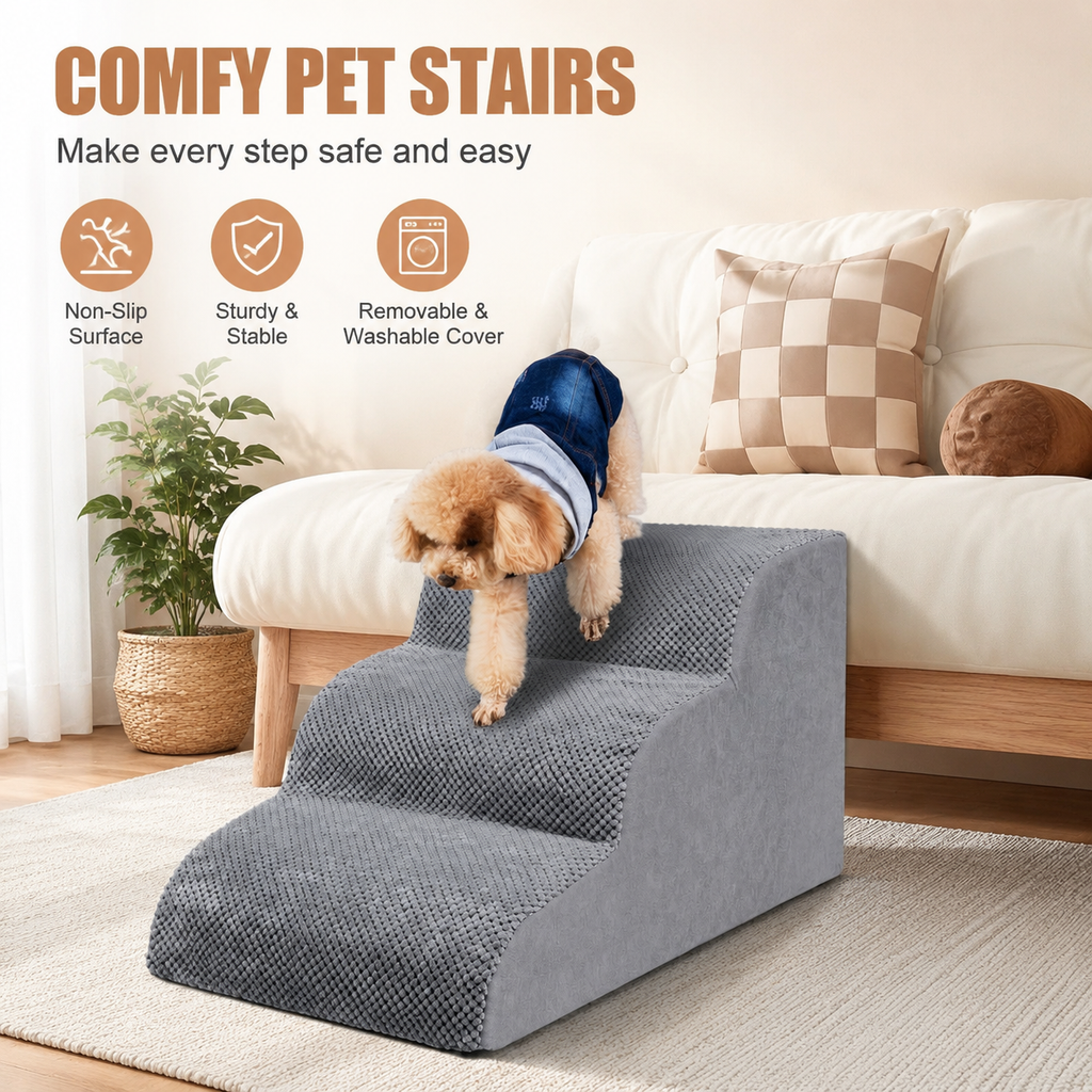 3-Step Dog Stairs for Small Dogs – 15.7" Foam Pet Steps for Bed & Couch