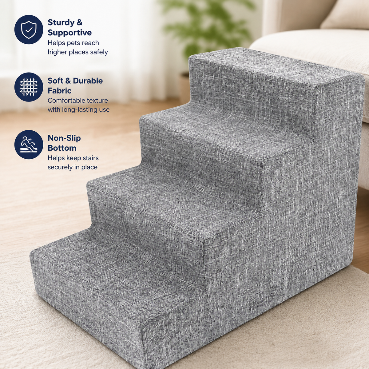 4-Step Dog Stairs for Small Dogs & Cats – 18" Foam Pet Steps for Bed & Couch