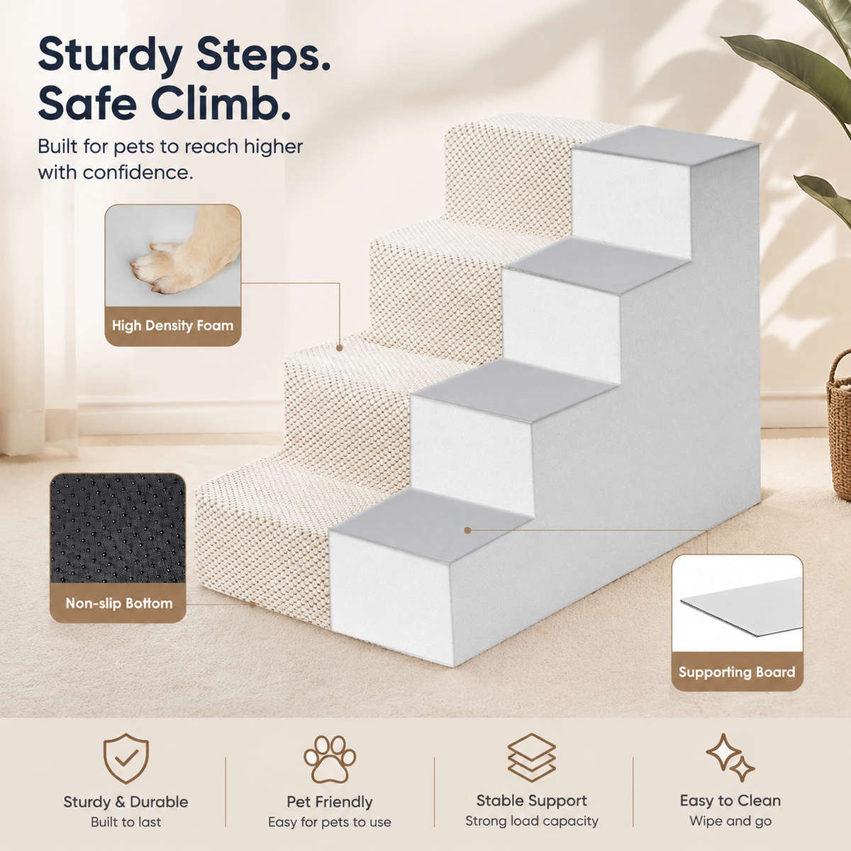 4-Step Dog Stairs for Bed – 18" Pet Steps for Small Dogs & Cats