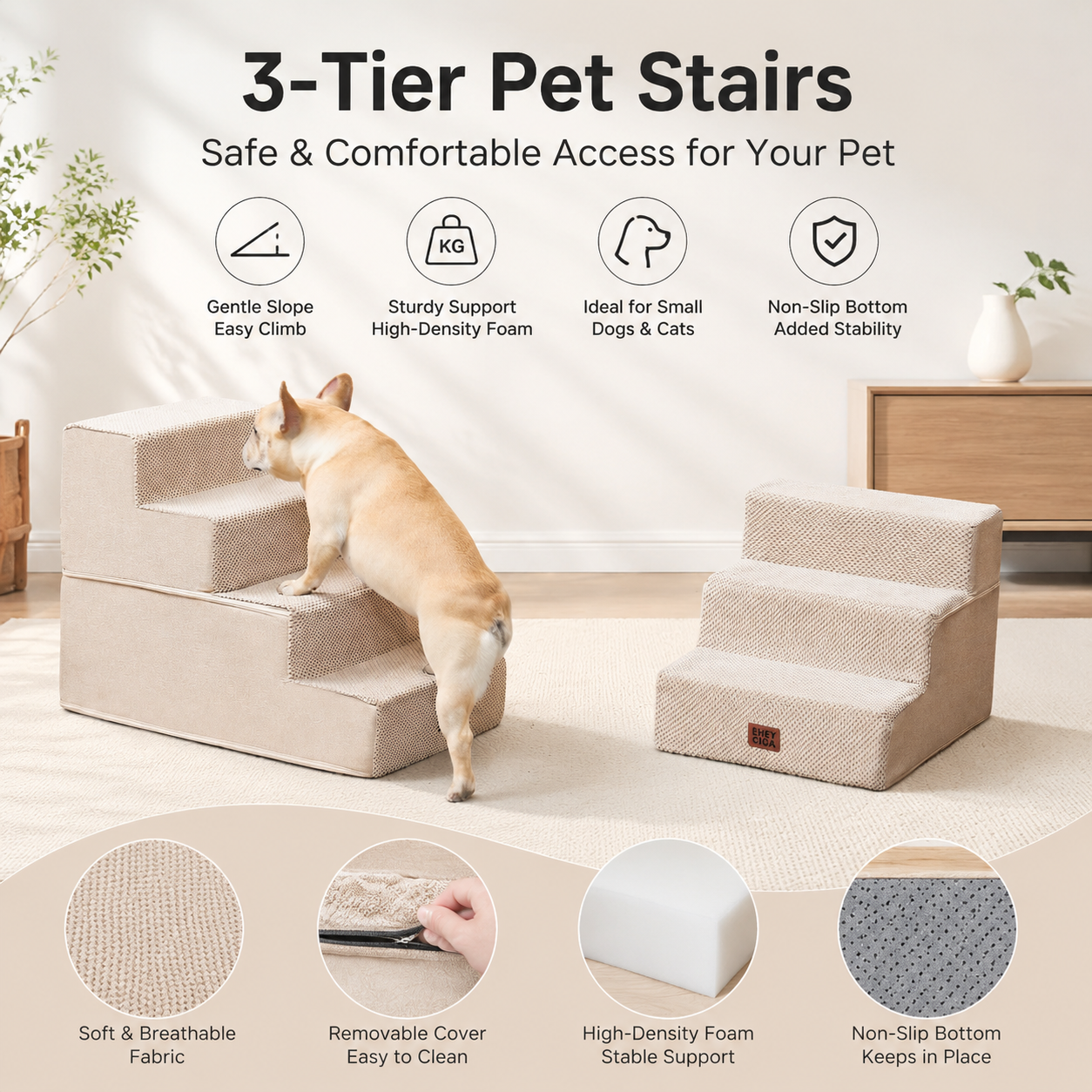 4-Step Dog Stairs for Bed – 18" Pet Steps for Small Dogs & Cats