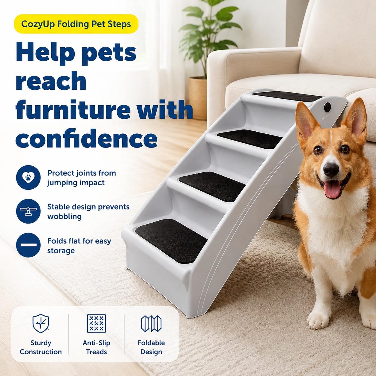 20" Folding Dog Stairs – 4-Step Pet Steps for Bed & Sofa