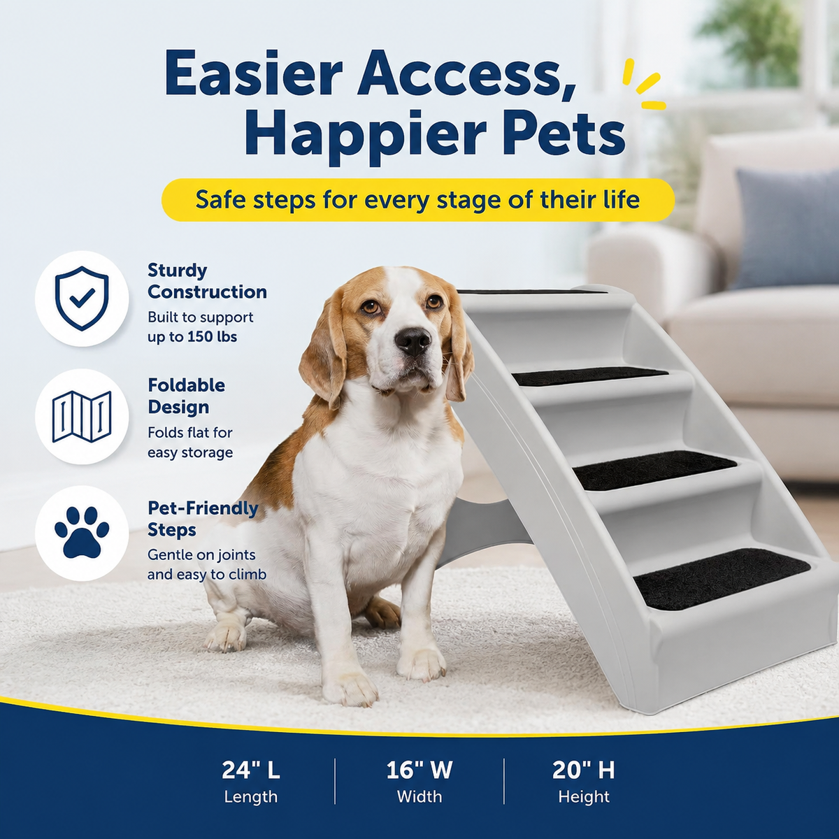 20" Folding Dog Stairs – 4-Step Pet Steps for Bed & Sofa