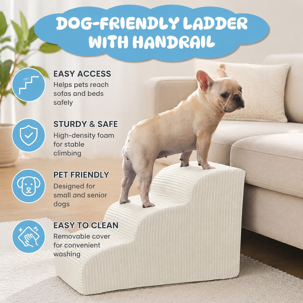4-Step Dog Stairs for Small Dogs & Cats – Foam Pet Steps for Bed & Sofa