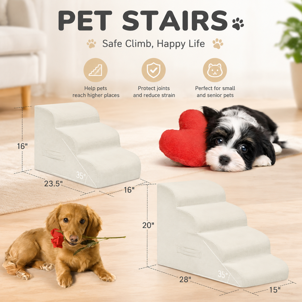 4-Step Dog Stairs for Small Dogs & Cats – Foam Pet Steps for Bed & Sofa