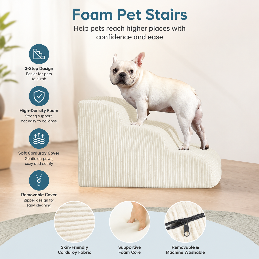4-Step Dog Stairs for Small Dogs & Cats – Foam Pet Steps for Bed & Sofa