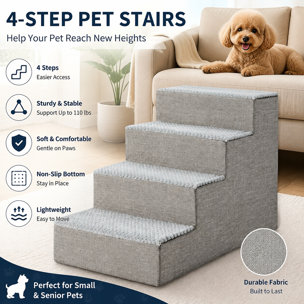 4-Step Dog Stairs for Bed & Couch – Indoor Pet Steps for Dogs & Cats