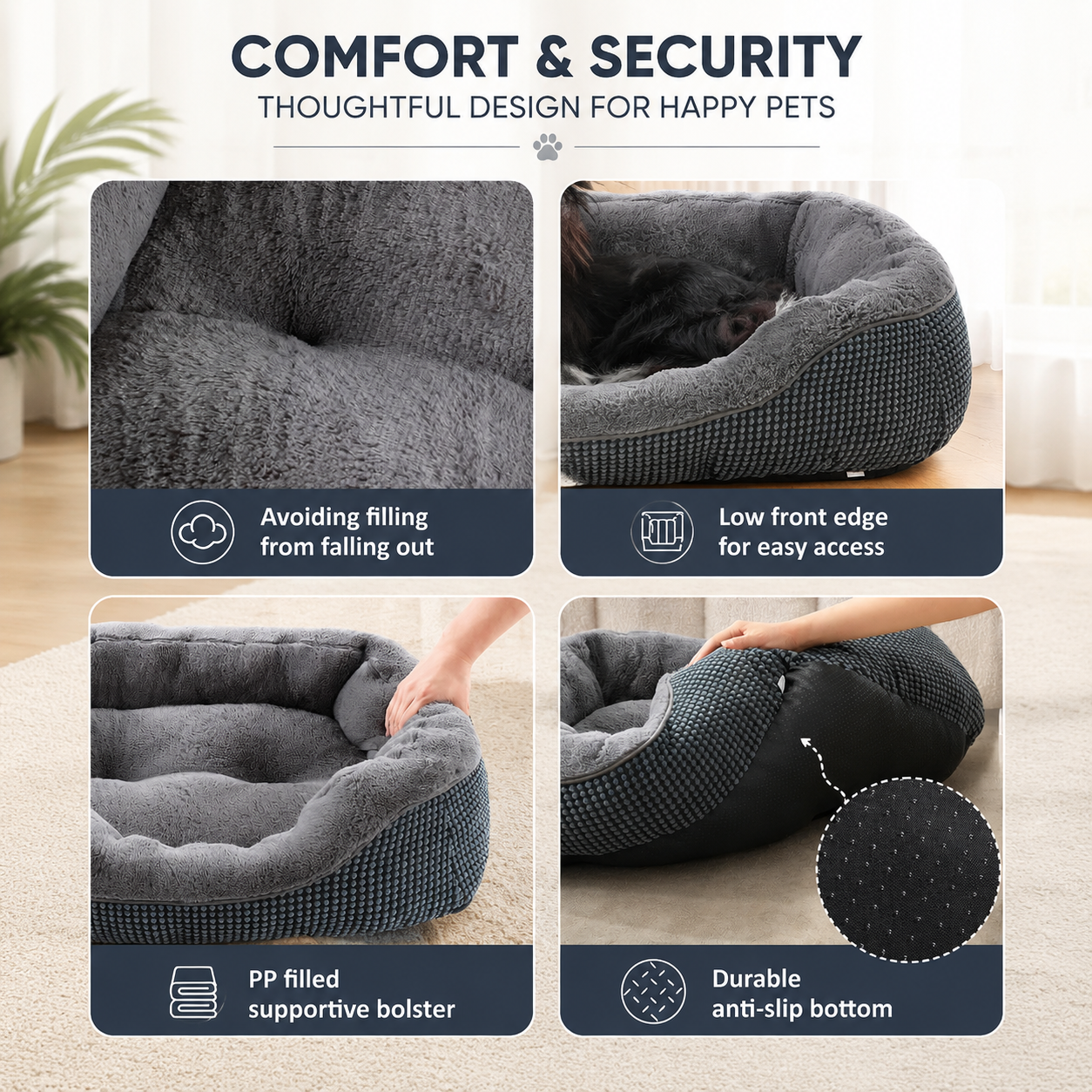 20" Small Dog & Cat Bed – Washable Soft Bolster Pet Bed with Non-Slip Bottom