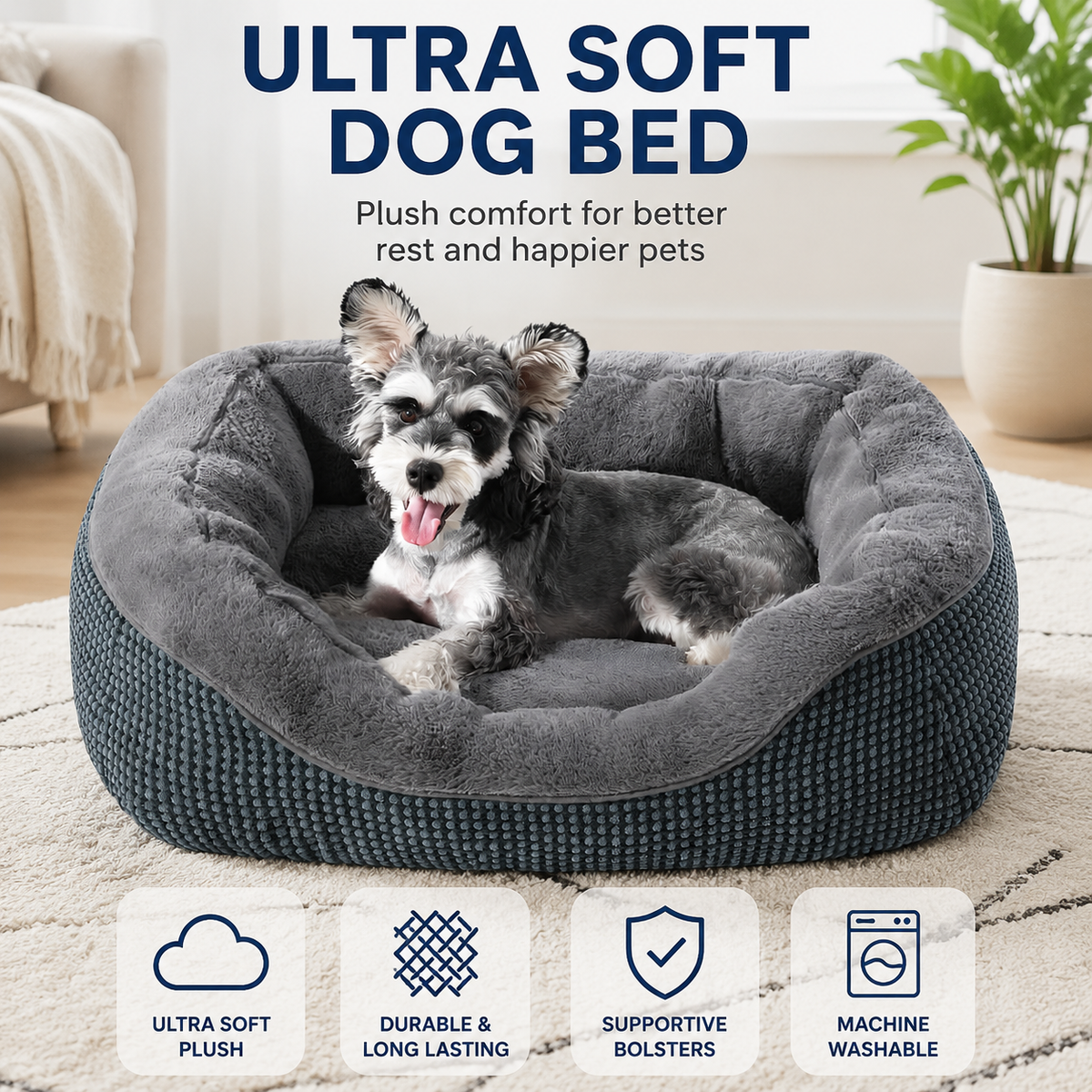 20" Small Dog & Cat Bed – Washable Soft Bolster Pet Bed with Non-Slip Bottom