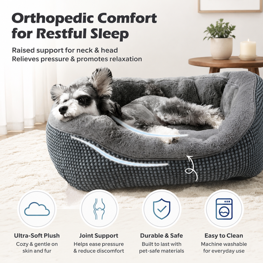 20" Small Dog & Cat Bed – Washable Soft Bolster Pet Bed with Non-Slip Bottom