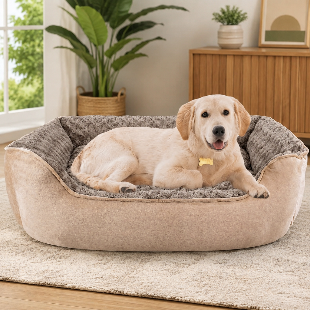 Washable Rectangle Dog Bed – Soft Bolster Sofa Bed with Non-Slip Bottom, Beige