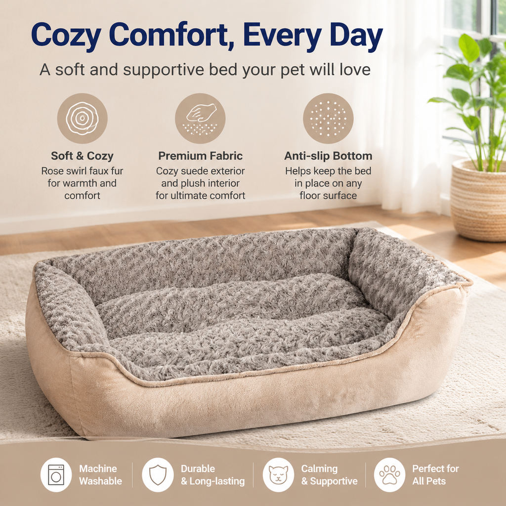 Washable Rectangle Dog Bed – Soft Bolster Sofa Bed with Non-Slip Bottom, Beige