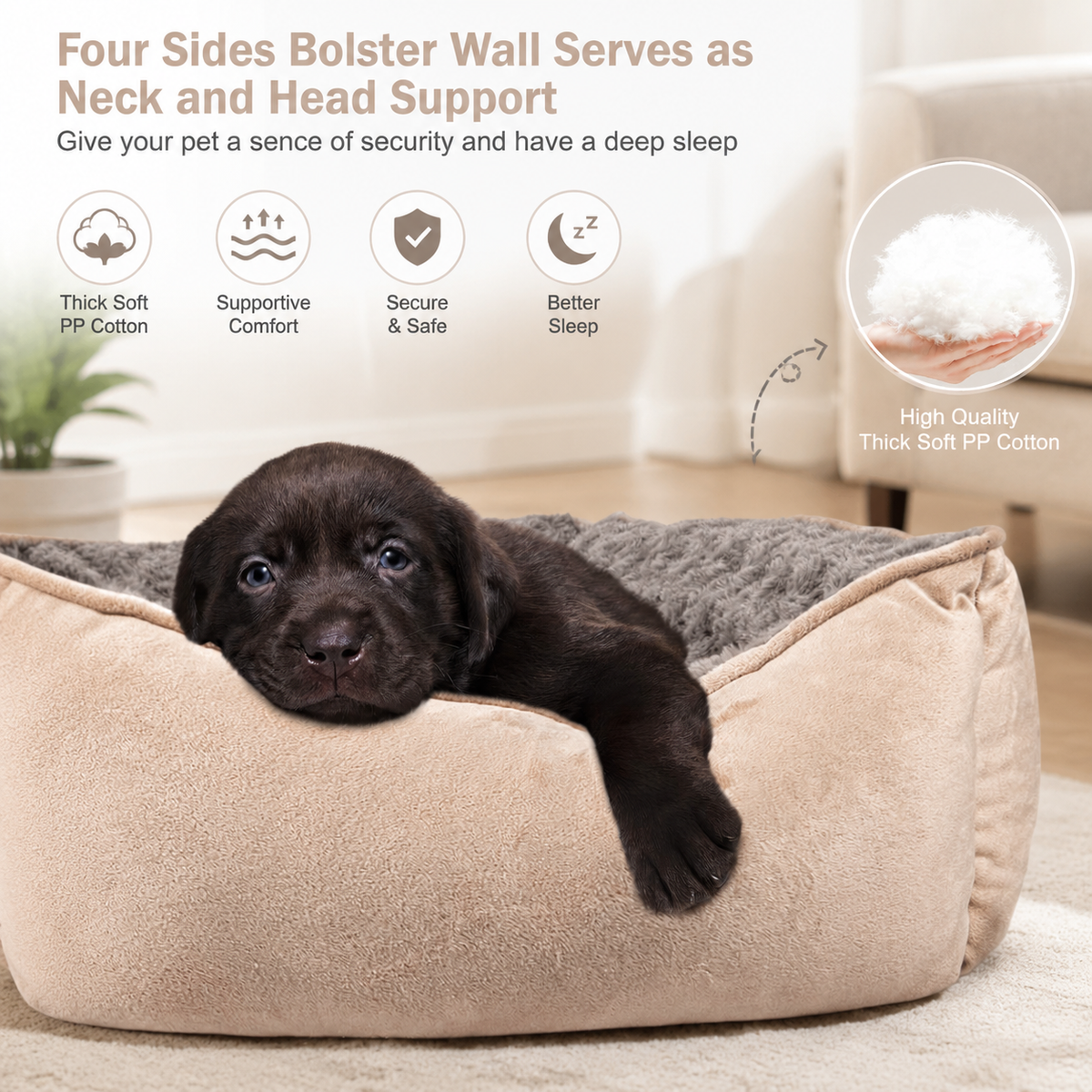 Washable Rectangle Dog Bed – Soft Bolster Sofa Bed with Non-Slip Bottom, Beige