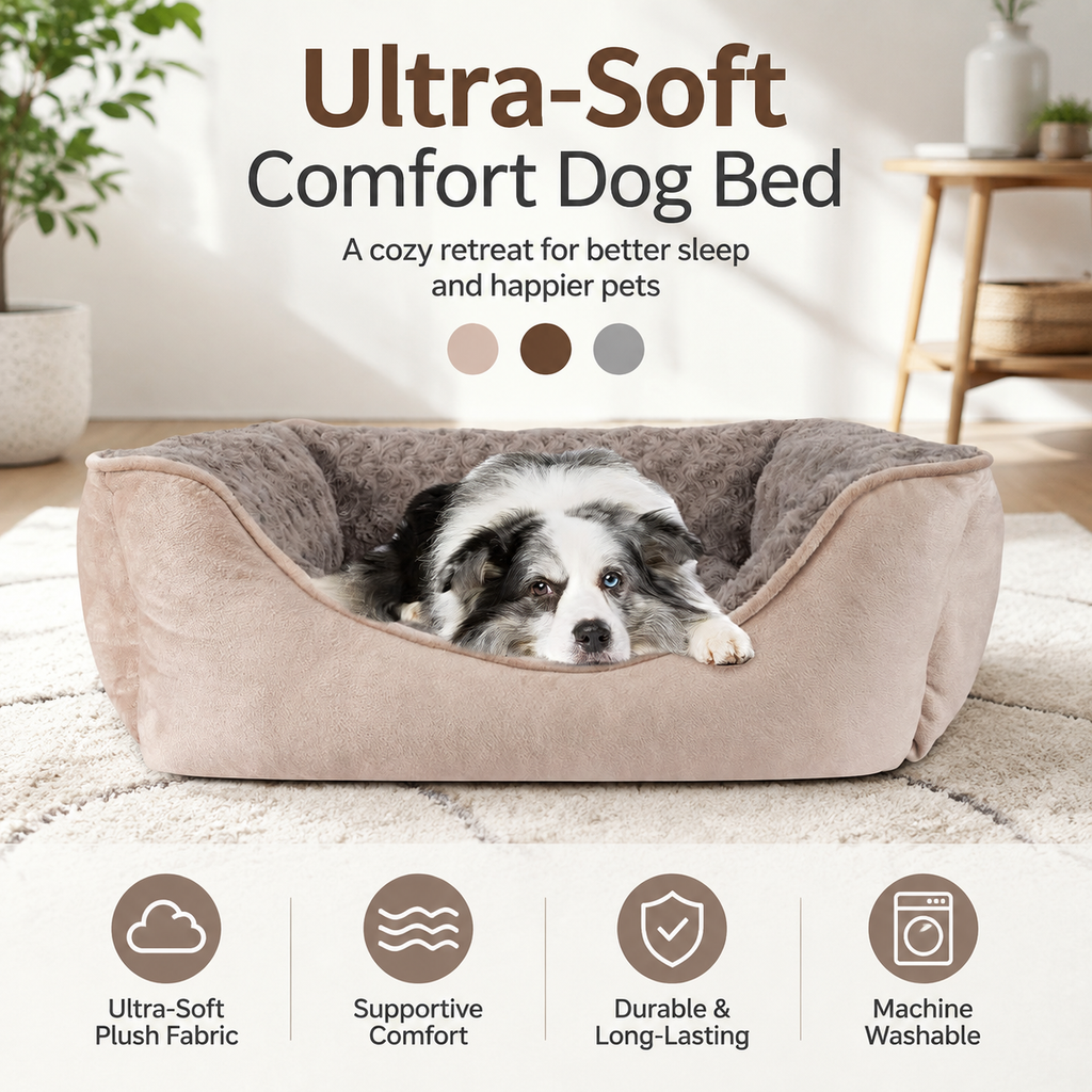 Washable Rectangle Dog Bed – Soft Bolster Sofa Bed with Non-Slip Bottom, Beige