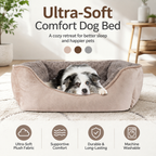Washable Rectangle Dog Bed – Soft Bolster Sofa Bed with Non-Slip Bottom, Beige