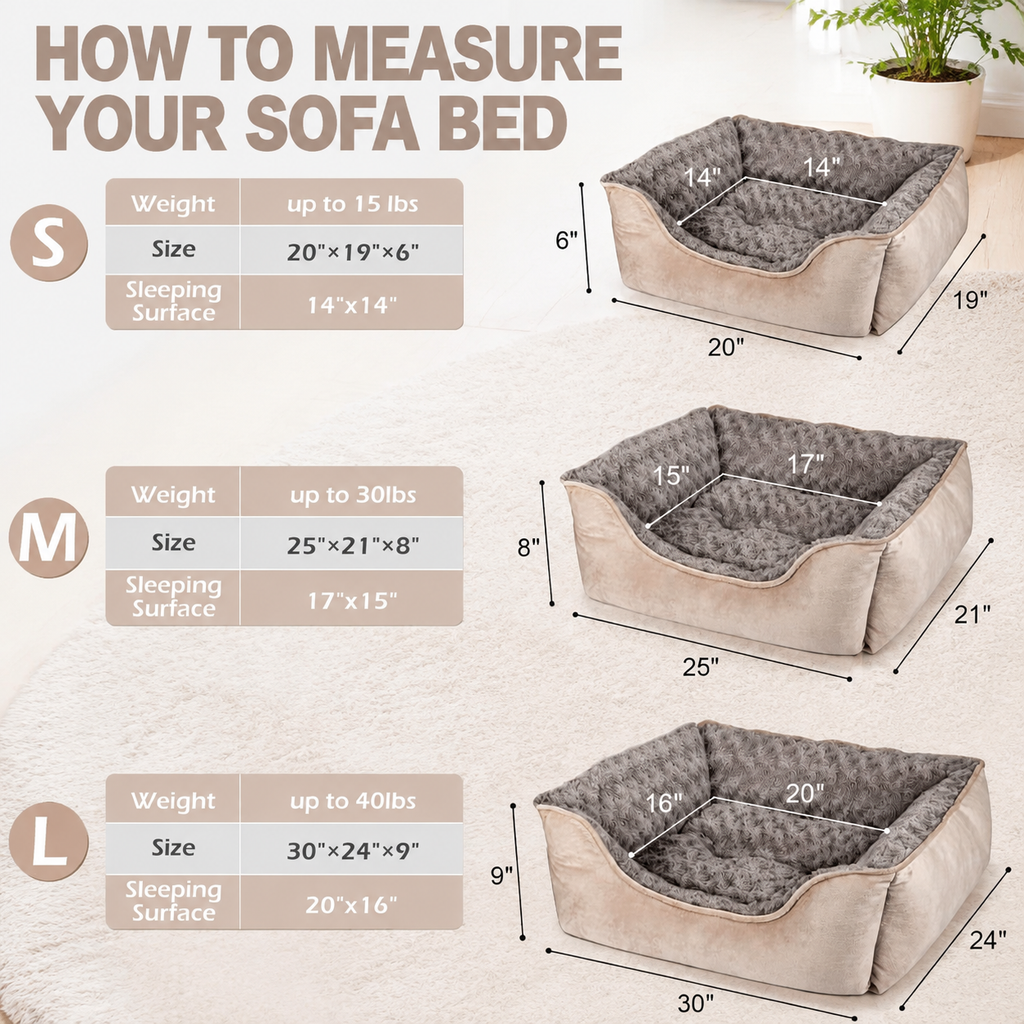 Washable Rectangle Dog Bed – Soft Bolster Sofa Bed with Non-Slip Bottom, Beige
