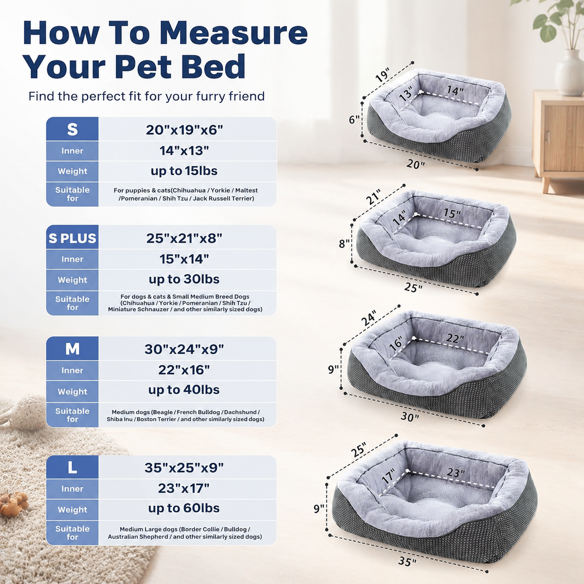 Medium Dog Bed with Raised Sides – 30" x 24" Washable Pet Bed